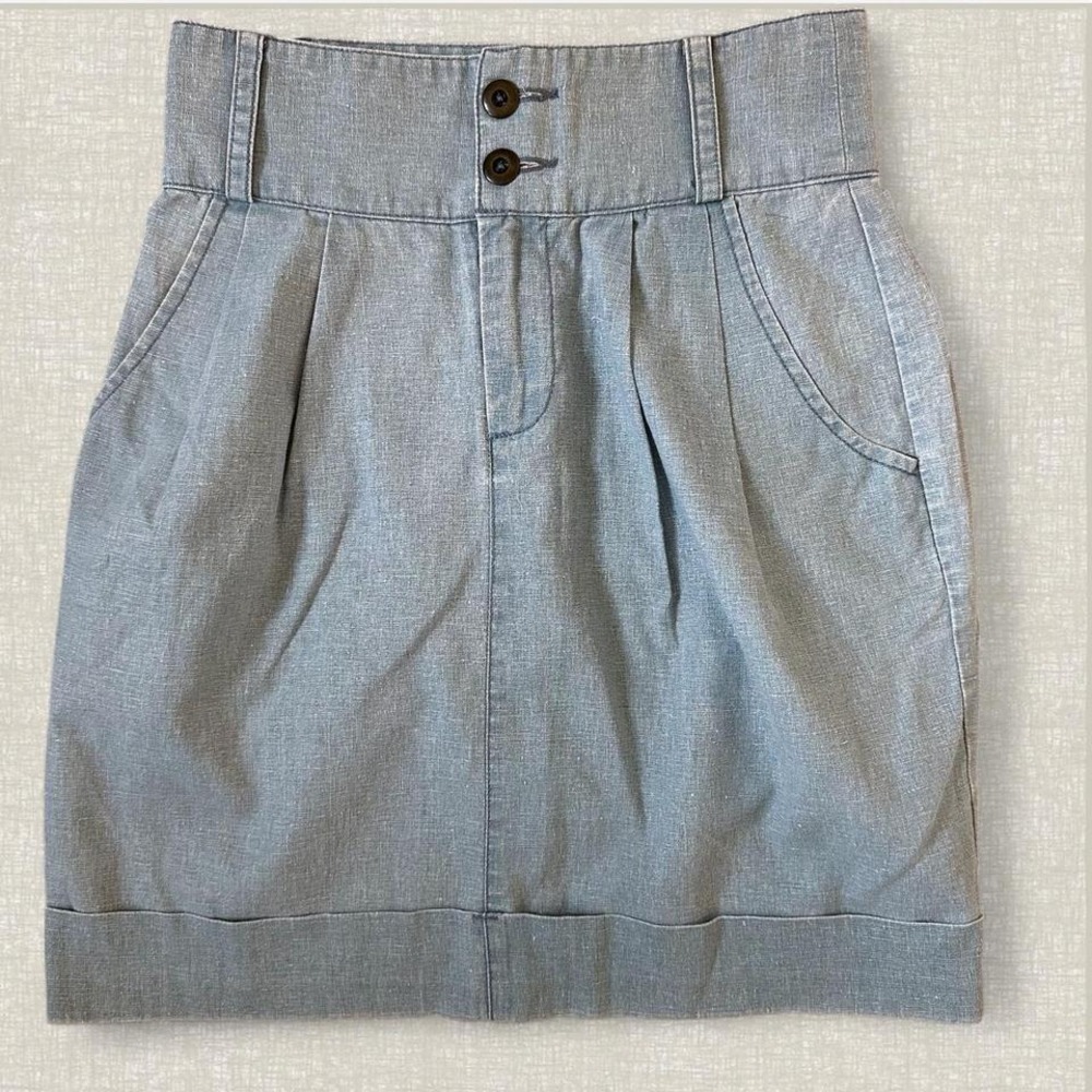 High Waisted Linen‎ Cotton Mini Denim Skirt Light Blue